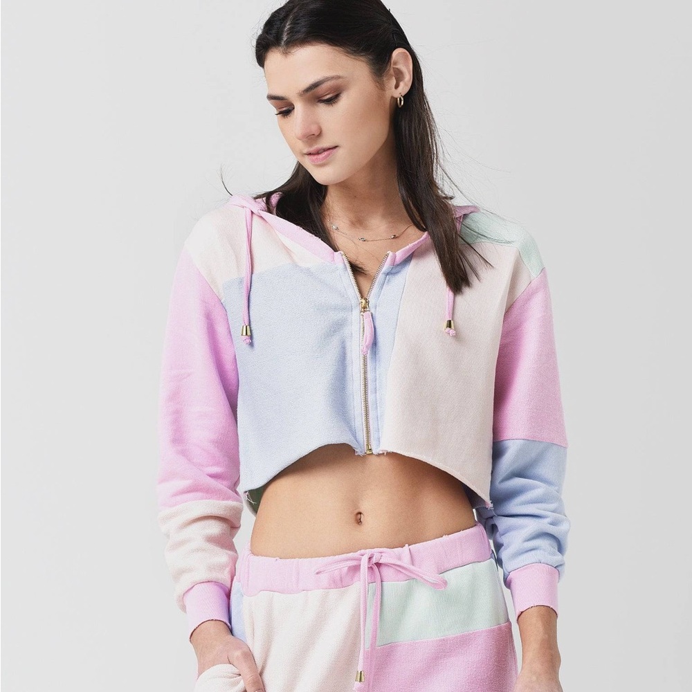 LOVESHACKFANCY Alden Hooded Cropped Patchwork Sweatshirt Hoodie